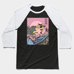 Kaiju Monster Japanese Wave Art Cat And Dinosaur Baseball T-Shirt